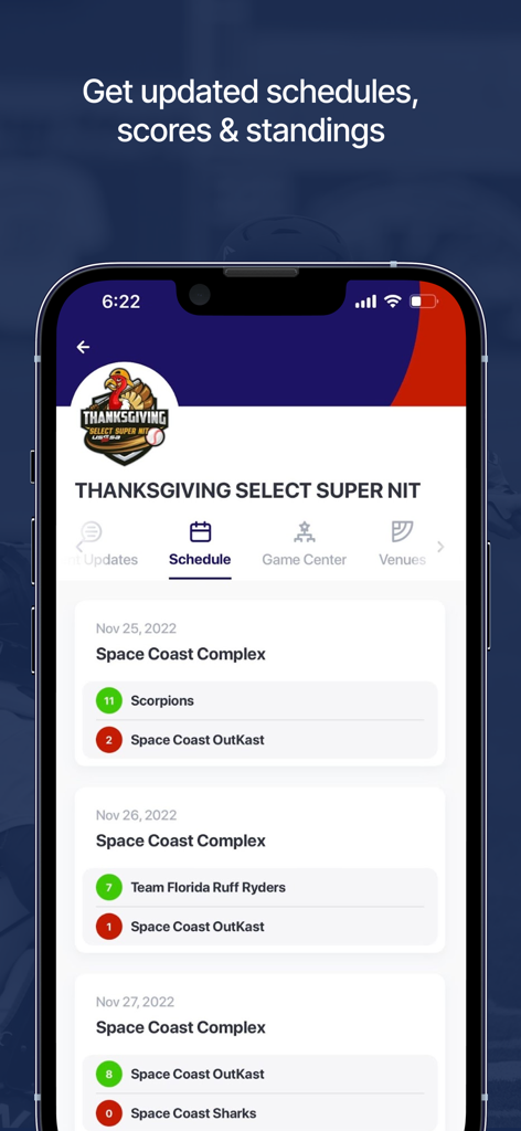 USSSA - USSSAアプリの画面に、ユーススポーツトーナメントの試合スケジュールとスコアが表示されています
