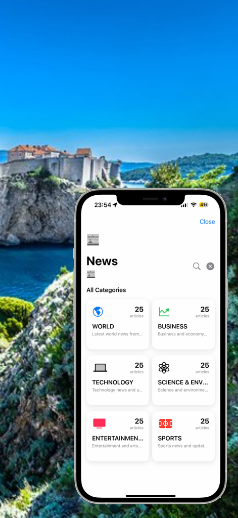 Pantalla de smartphone mostrando categorías de noticias en la aplicación Hrvatski Radio Stanice
