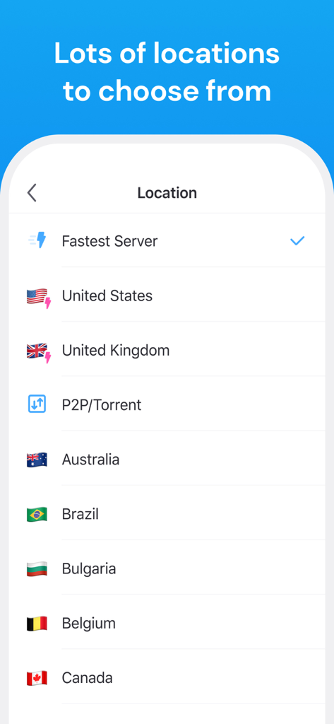 미국 및 영국을 포함한 선택할 수 있는 글로벌 서버 위치 목록을 보여주는 Aloha VPN 인터페이스.
