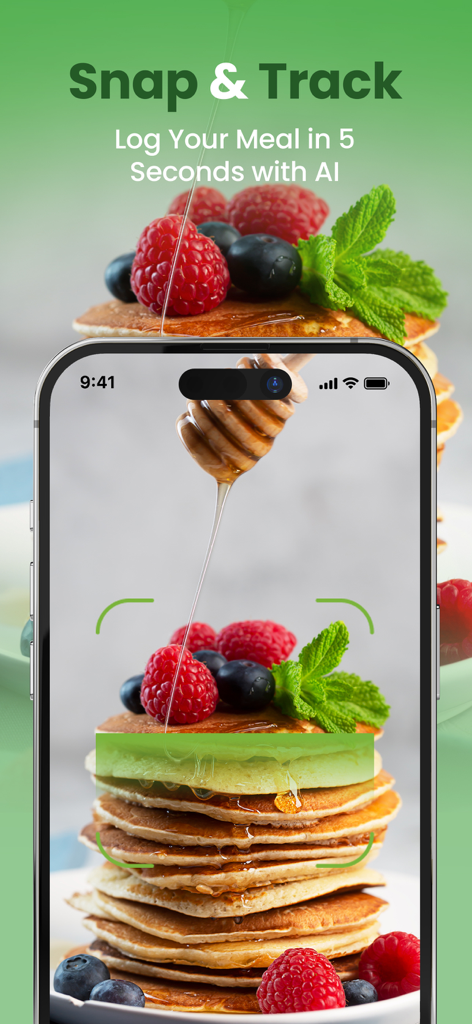NutriScan: AI Calorie Counter - Interfaz de la aplicación NutriScan usando IA para escanear y registrar una comida de panqueques y bayas
