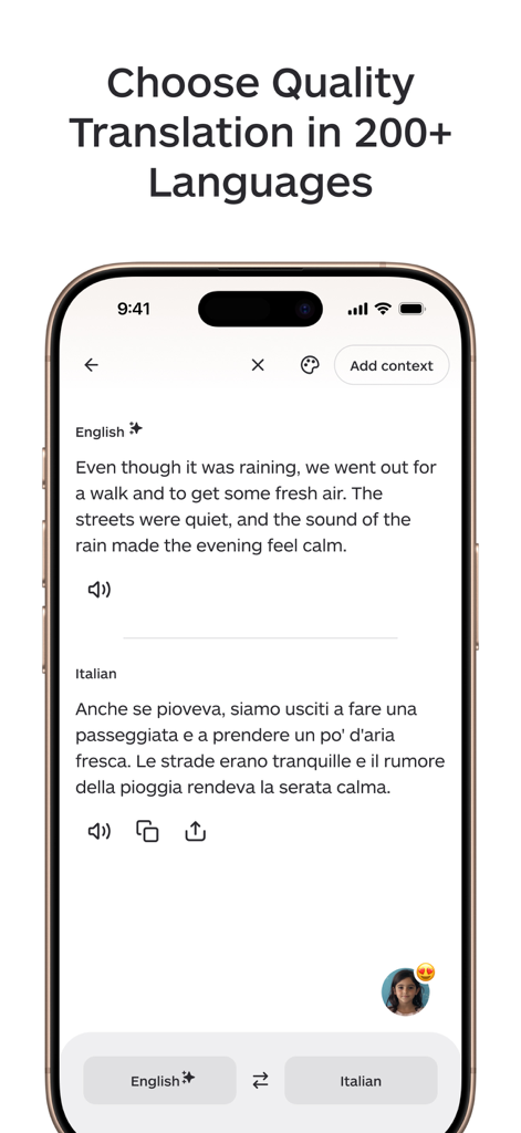 Lara Translate mobile app screen displaying a text translation from English to Italian.
