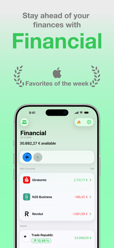 Financial - Manager & Tracker - Dashboard of the Financial manager app on an iPhone showing account balances and total available funds