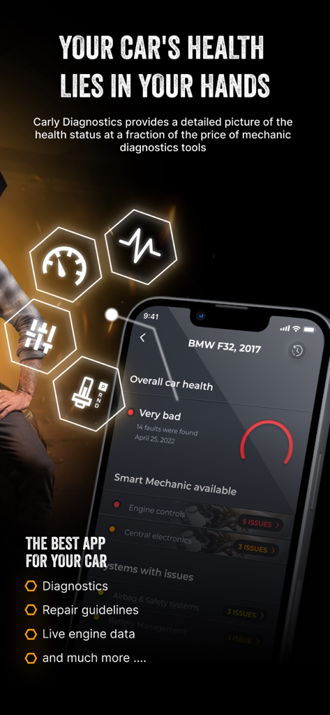 Carly — OBD2 car scanner - Écran de smartphone affichant l'application Carly avec des diagnostics de santé automobile et des codes d'erreur
