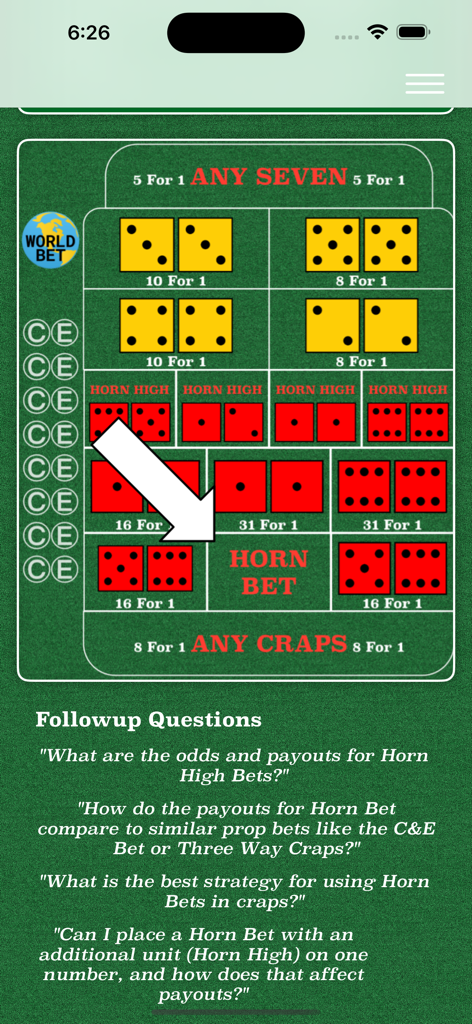 A screenshot of the Craps AI app showing a craps table layout with a focus on Horn Bets and educational strategy questions.