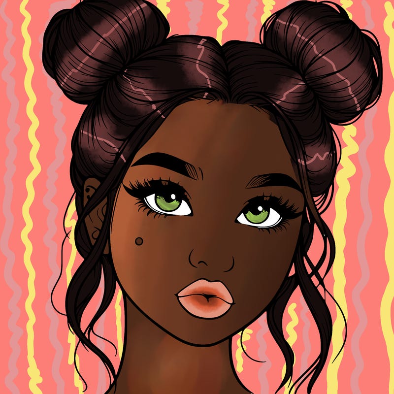 realistic girl with two buns on her hair and lips