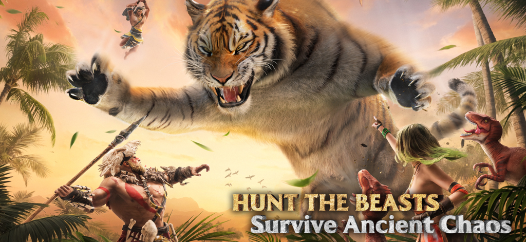 Guerreros de la Edad de Piedra enfrentándose a un tigre dientes de sable gigante en Savage Survival Jurassic Isle