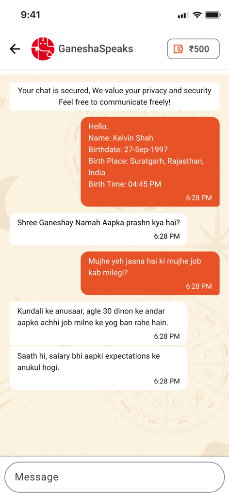 GaneshaSpeaks - Astrology Chat - A private chat session with an astrologer on the GaneshaSpeaks app regarding career guidance and job predictions