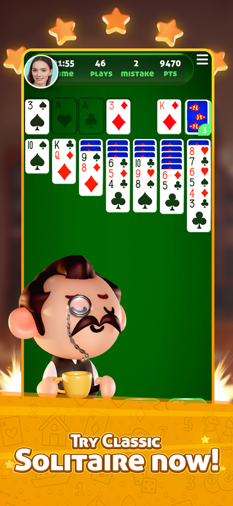 Classic solitaire card game layout with gameplay statistics and a cartoon mascot holding a cup of tea