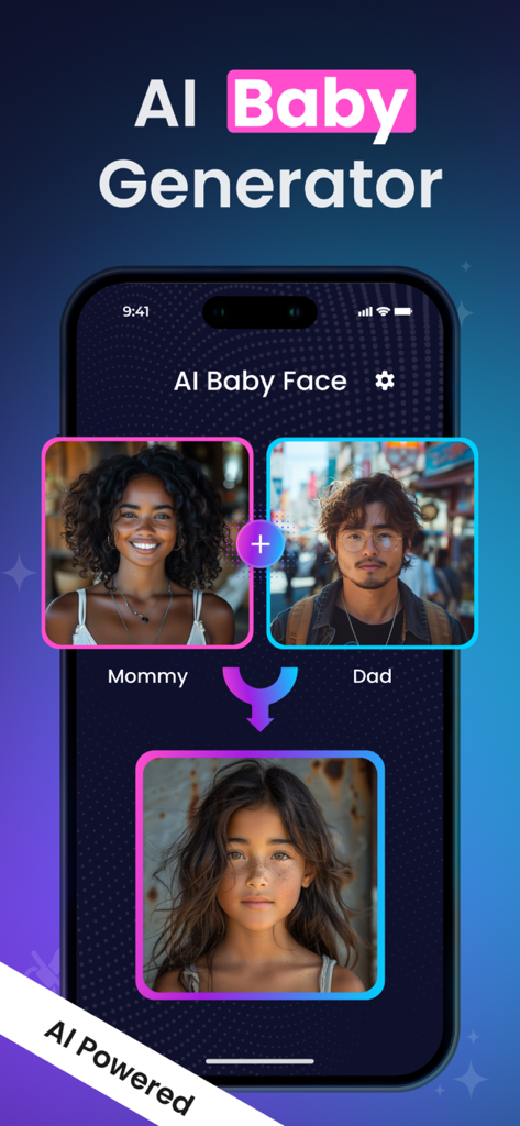 Baby Generator: AI Future Face - AI Baby Generator app interface showing a combined image of a mother and father to predict their future child's face