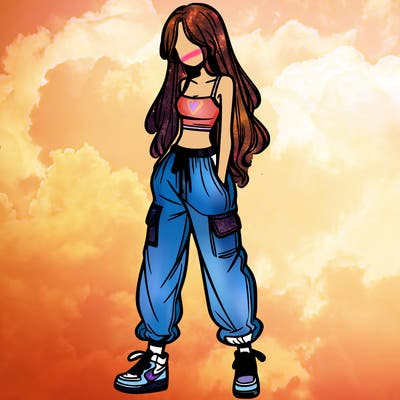 girl in baggy pants crop top and long hair