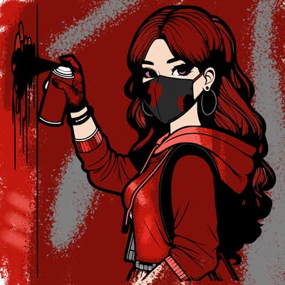 realistic girl with mask spray painting a wall