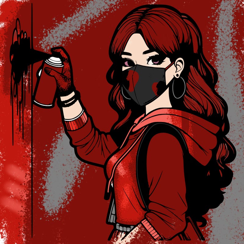 realistic girl with mask spray painting a wall