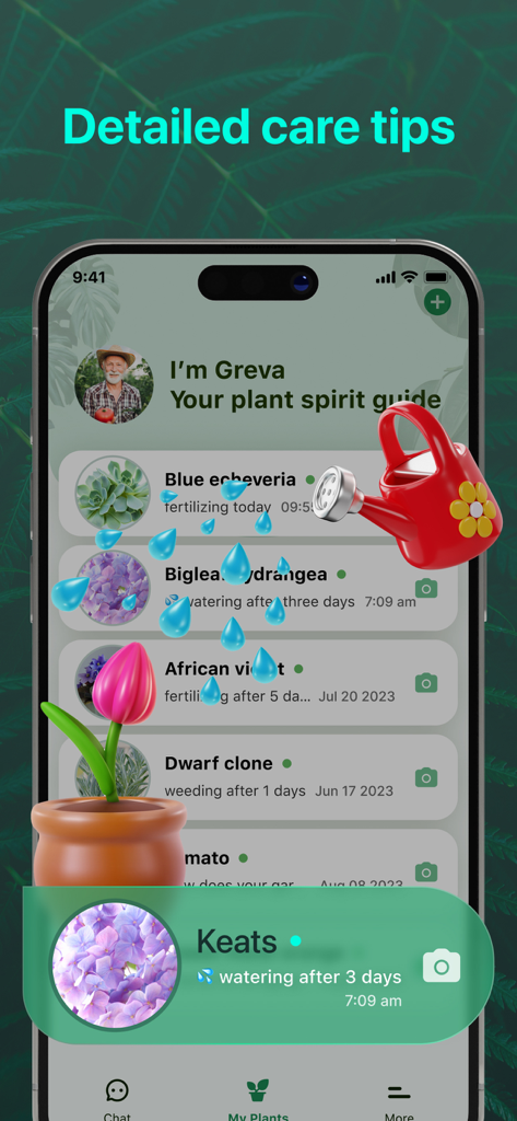 Interface montrant les tâches et rappels d'entretien des plantes pour différentes plantes d'intérieur