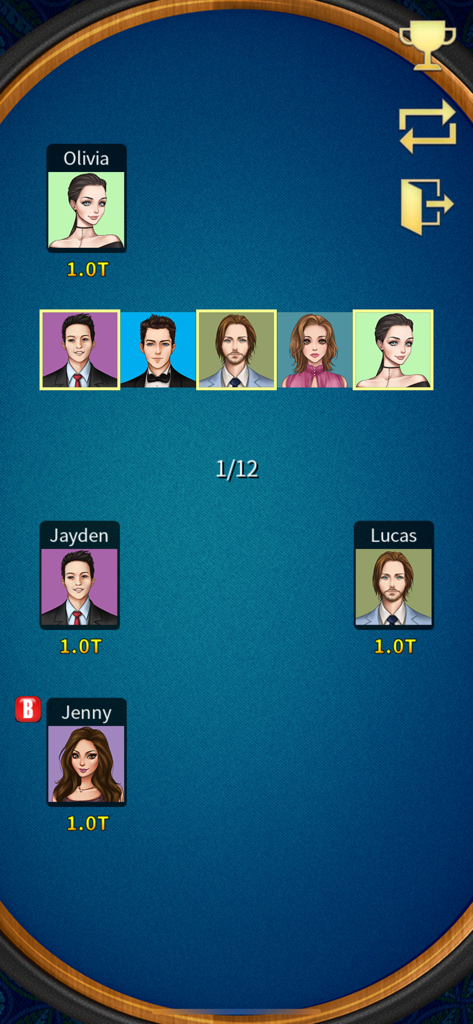 13 Poker Offline (Capsa Susun) - Écran du lobby de jeu de 13 Poker Offline montrant les avatars des joueurs sur une table de casino bleue.