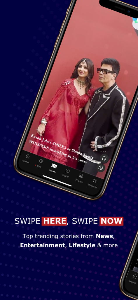Smartphone-Bildschirm, der die Shorts-Funktion der Times Now Network App mit Unterhaltungsnachrichten anzeigt.