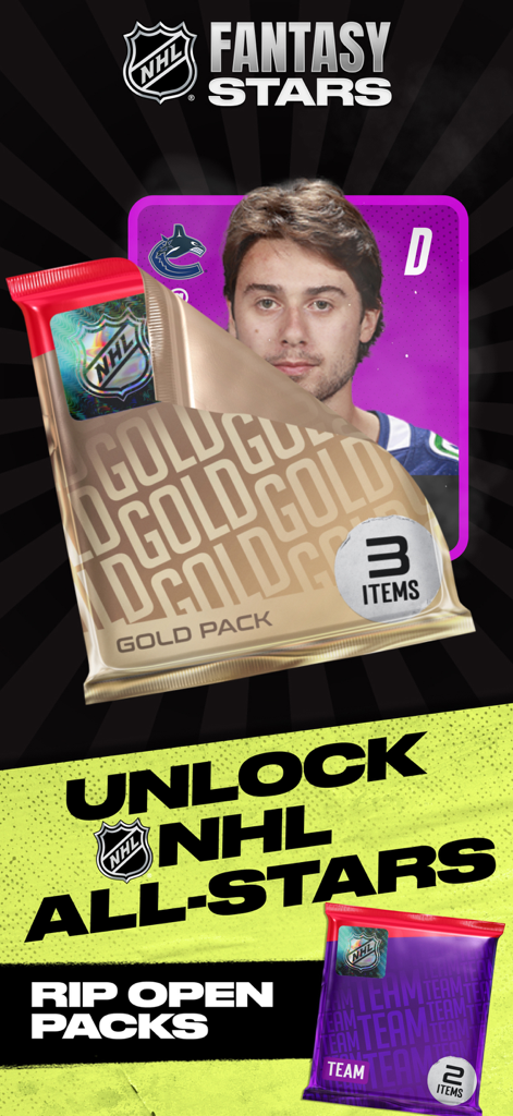 A player card being revealed from a gold pack in the NHL Fantasy Stars mobile game.