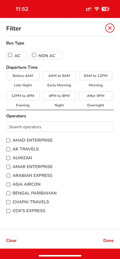 BDTICKETS - BDTICKETS mobile app interface showing search filters for bus type, departure time slots, and travel operators.