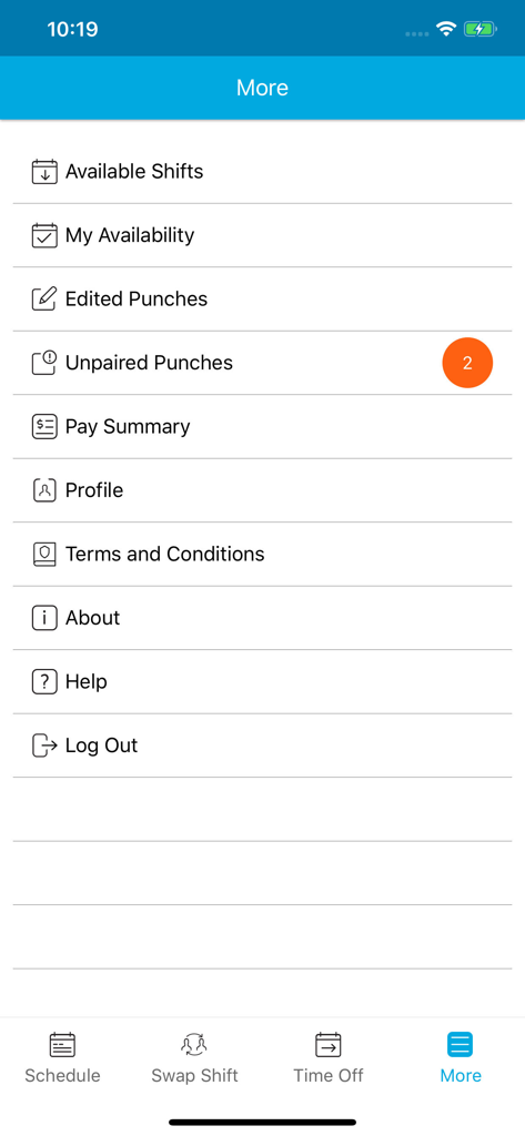 Tela de menu mais opções do aplicativo Blue Yonder Workforce mostrando opções para horários disponíveis, minha disponibilidade, resumo de pagamento e perfil