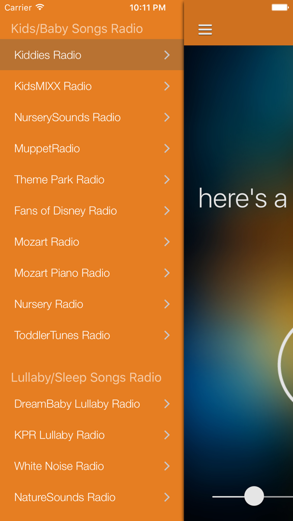 A menu of various children and baby radio stations including nursery rhymes classical music and lullabies