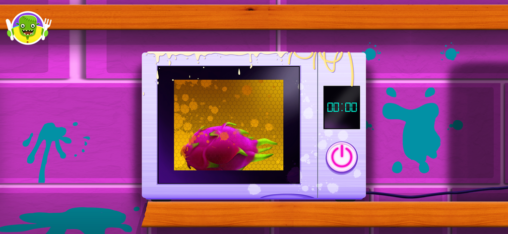 Drachenfrucht in einer weißen Mikrowelle im Gameplay der App Kochspiele für Kinder