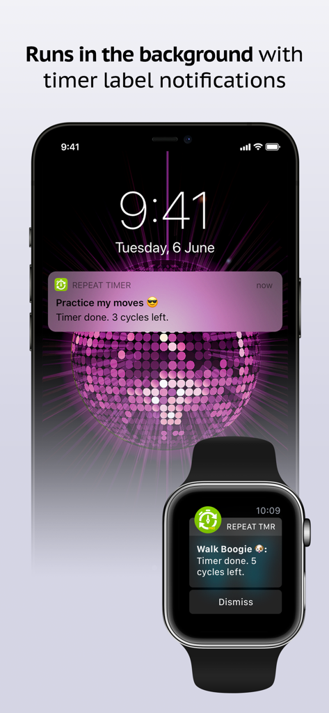 Repeat Timer: Interval Remind - Repeat Timer app showing background notifications on an iPhone lock screen and an Apple Watch for routine tracking