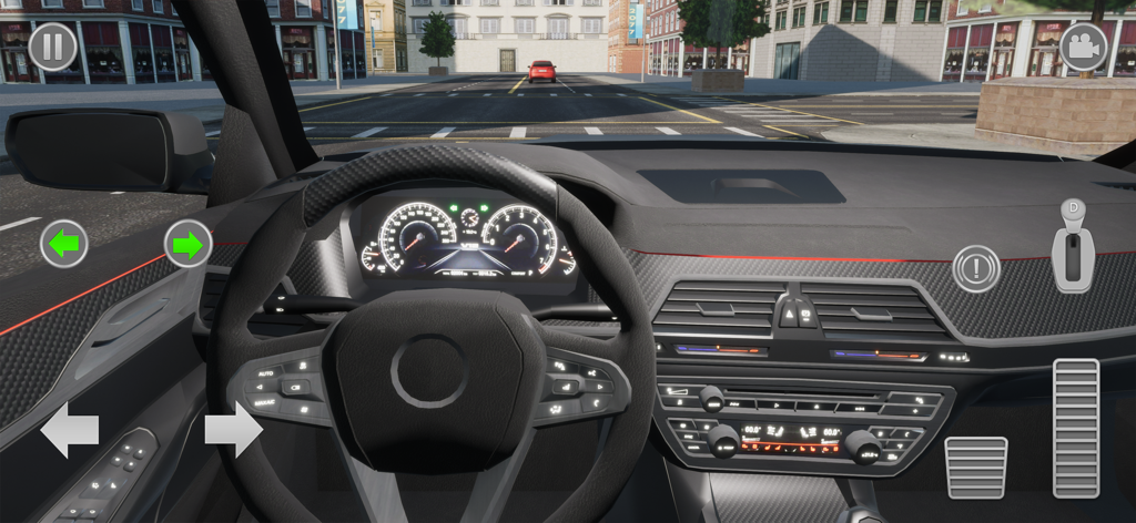 City Car Driving - Realistic interior car dashboard view in City Car Driving simulation app showing steering wheel and traffic controls