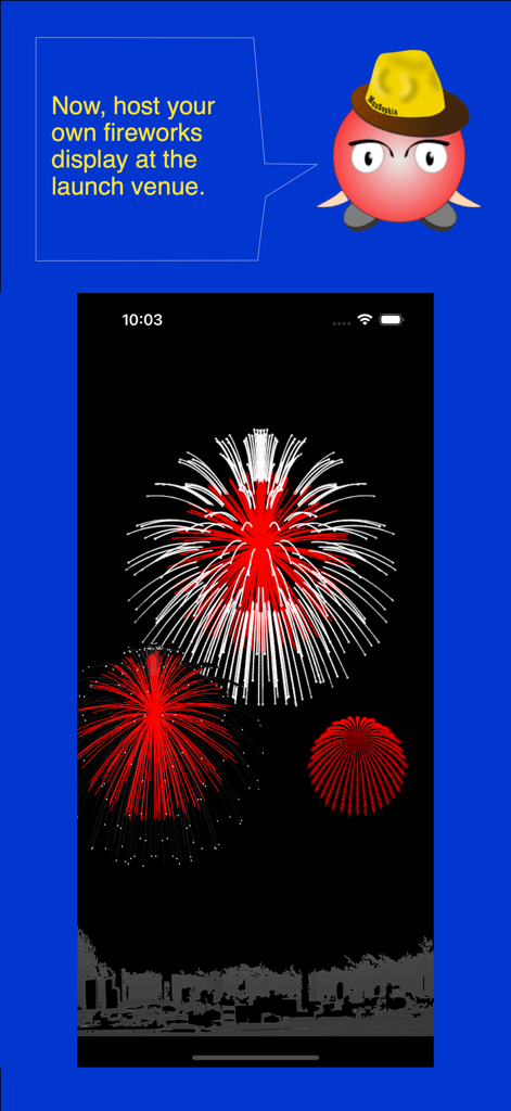 Let's start fireworks festival - Digital fireworks display with red and white bursts over a city silhouette