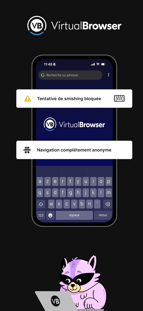 VirtualBrowser - Écran de smartphone affichant VirtualBrowser avec protection anti-smishing et fonctionnalités de navigation anonyme