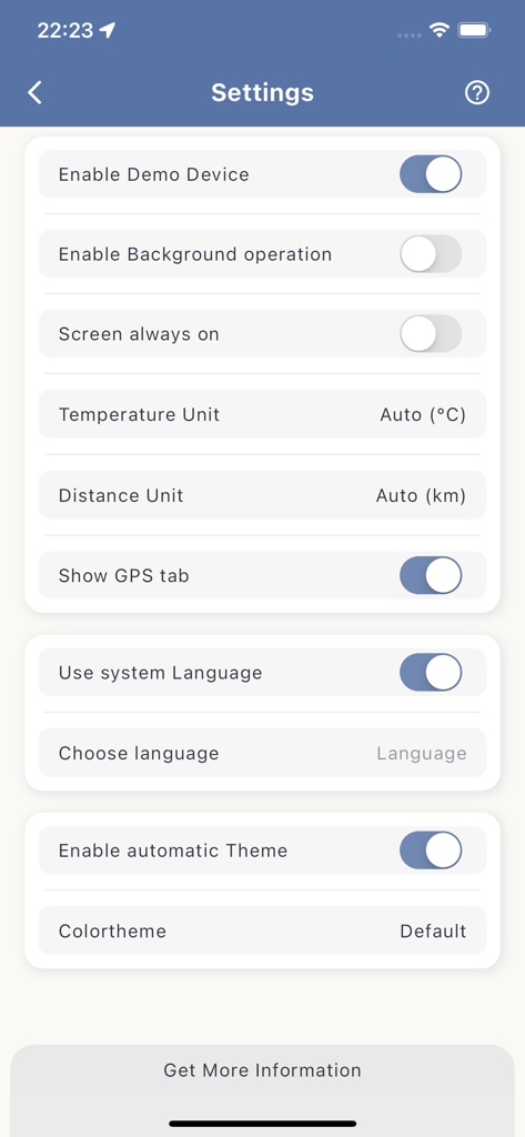SmartBMS Utility - Settings menu of the SmartBMS Utility app showing configuration options for units and display preferences