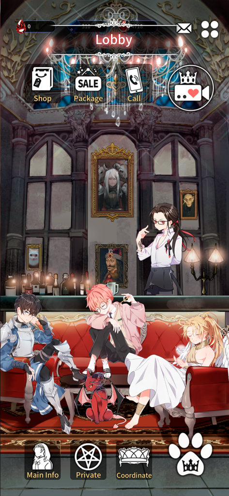 LoveUnholyc - The main lobby screen of the LoveUnholyc game featuring anime-style characters in a gothic lounge setting with menu icons for Shop, Call, and Private.
