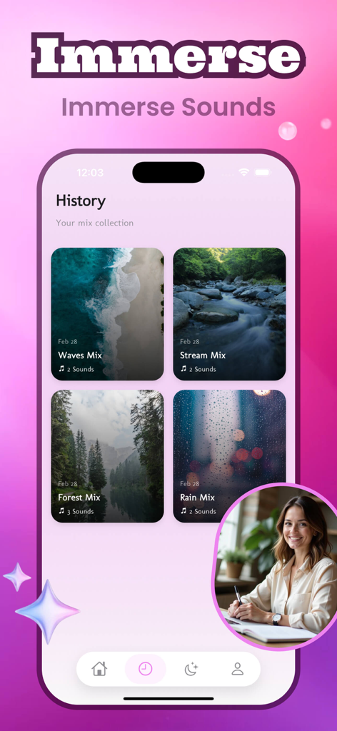 Tela de histórico do aplicativo Rally mostrando uma coleção de mixagens de sons da natureza salvas para foco e relaxamento