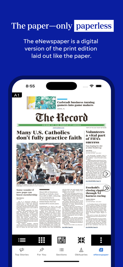 North Jersey: Record & Herald - Digital edition of The Record newspaper displayed on a mobile phone screen within the North Jersey news app.