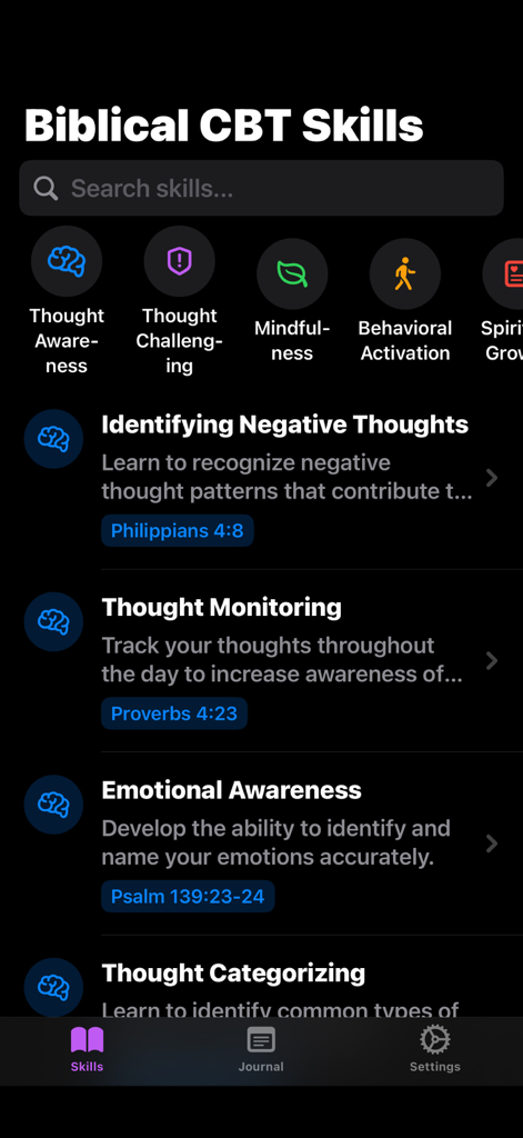 Faith Based CBT Tools - Uma lista de habilidades de TCC Bíblica no aplicativo, incluindo identificação de pensamentos negativos e consciência emocional, combinadas com versículos das escrituras