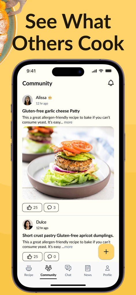 Olivers Gluten Free World - Feed de la comunidad en la aplicación Olivers Gluten Free World mostrando recetas compartidas y fotos de comida