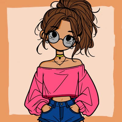 girl with a messy ponytail glasses a baggy crop top and jean shorts