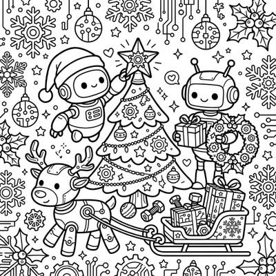 Embark on a joyful holiday journey with our enchanting Digital Robots Christmas coloring page. Watch as these adorable mechanical friends bring a unique, festive charm to traditional holiday celebrations.