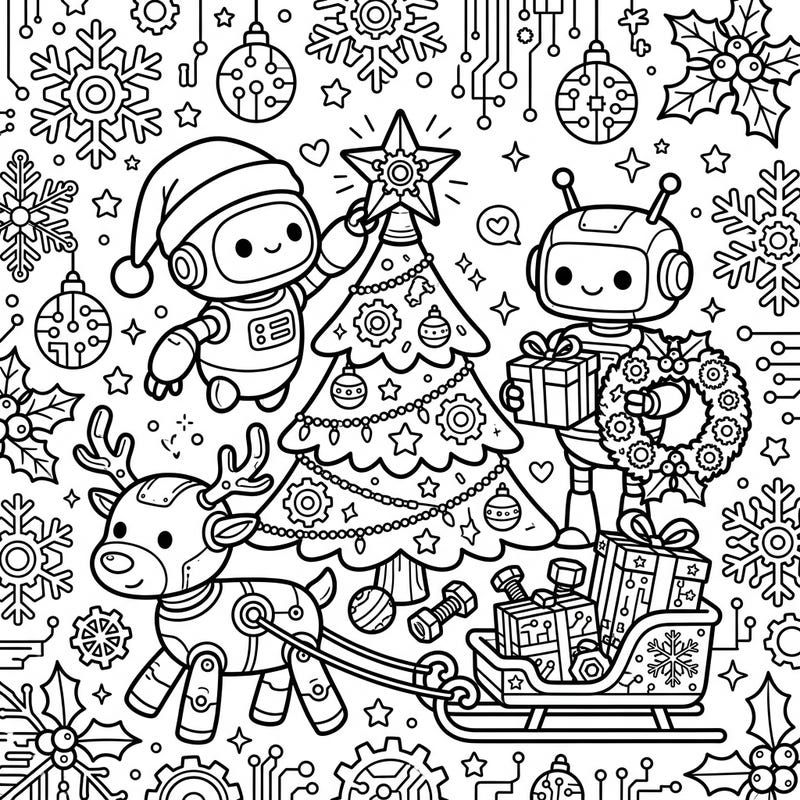 Embark on a joyful holiday journey with our enchanting Digital Robots Christmas coloring page. Watch as these adorable mechanical friends bring a unique, festive charm to traditional holiday celebrations.