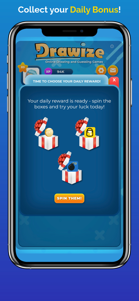 Drawize - Draw and Guess - Pantalla de la aplicación móvil mostrando la selección de recompensa diaria de Drawize con cajas de regalo y un botón de giro