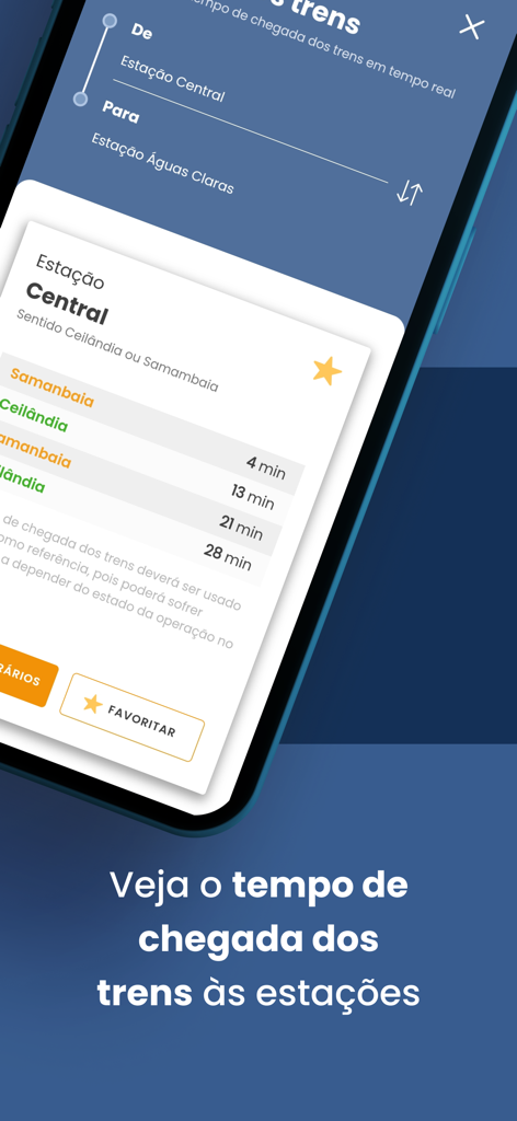 Metrô DF app screen showing real-time train arrival times at Central Station in Brasília