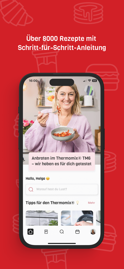 ZauberTopf Rezepte - Interfaz de la aplicación ZauberTopf que muestra una receta destacada de Thermomix y una barra de búsqueda para instrucciones de cocina paso a paso.