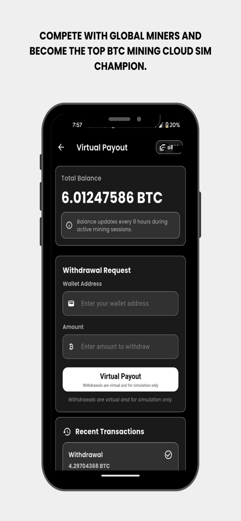 BTC Mining Cloud Sim - Virtual payout screen showing simulated Bitcoin balance and withdrawal request