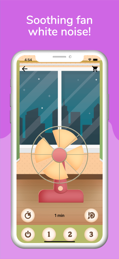 Sleep Fan: Relax & Sleep Sound - Sleep Fan app interface with a virtual fan and white noise controls for sleeping