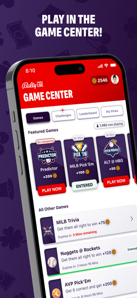 Bally Sports Live - Bally Sports Live app Game Center screen featuring interactive sports predictor games trivia and rewards