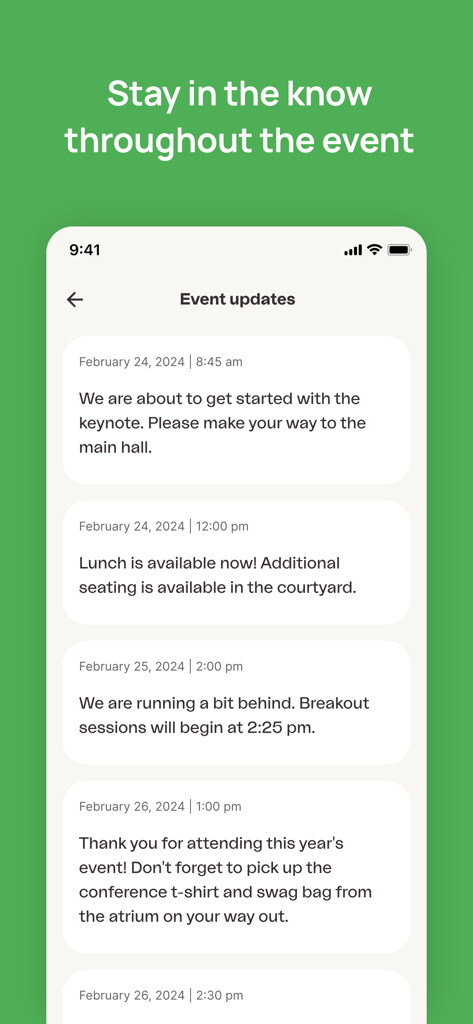 Fintech Americas Miami! - Screen showing real-time event updates and notifications for attendees of the Fintech Americas conference.