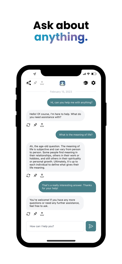 A mobile chat screen for Jane AI assistant showing a conversation about general knowledge and philosophical questions.