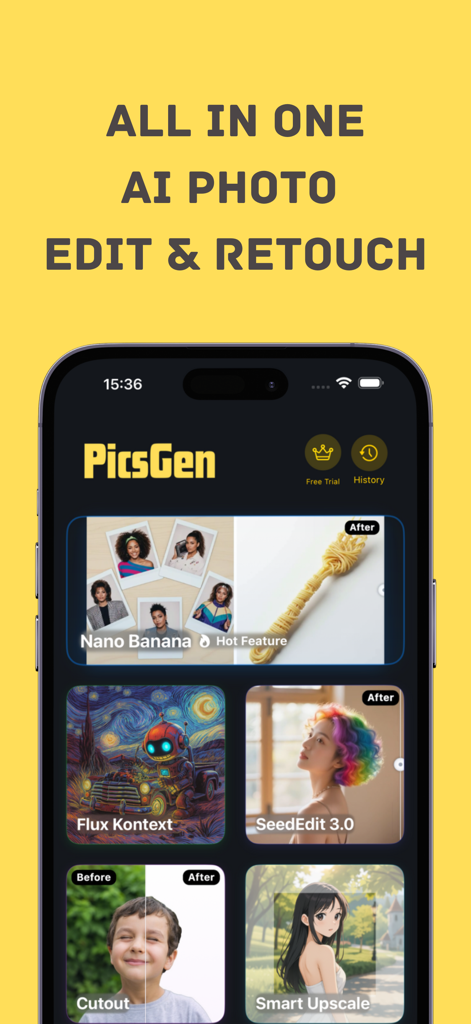 Interface of an all-in-one AI photo editor showing tools for retouching, upscaling, and cutout.