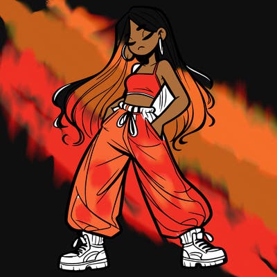 girl in baggy pants crop top and long hair