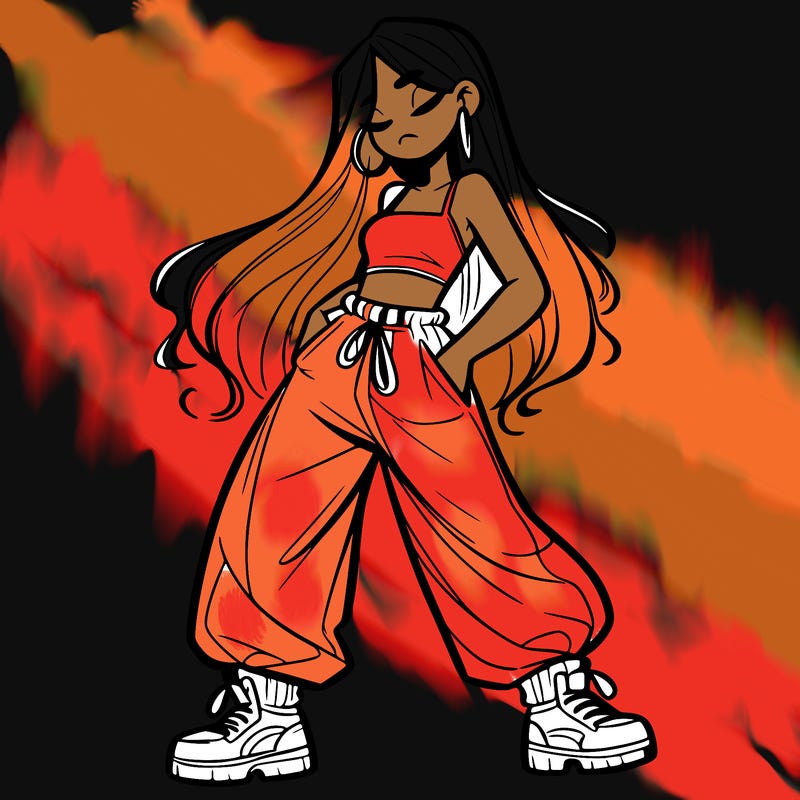 girl in baggy pants crop top and long hair