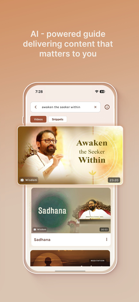 Self Connect by SRMD - Pantalla de smartphone que muestra videos de sabiduría espiritual impulsados por IA y guía de meditación.