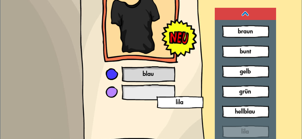 Learning German Mumbro Zinell - 子供向けのドイツ語学習ゲーム。blau（青）やlila（紫）などの語彙を使った色合わせのエクササイズが登場します。
